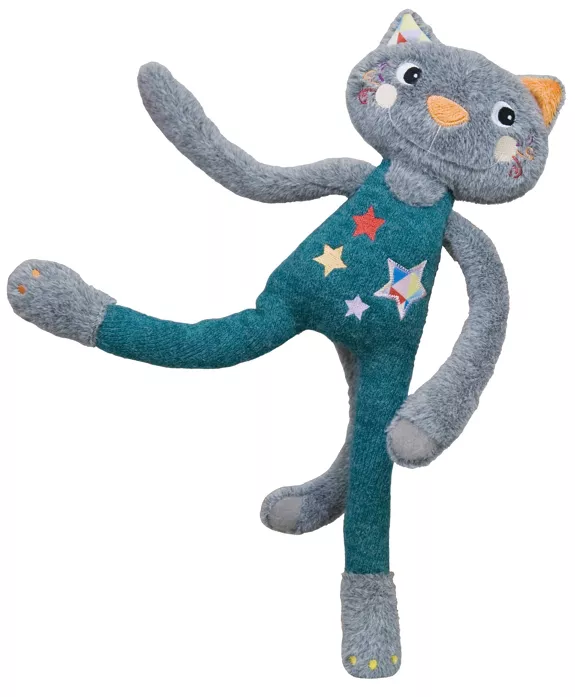 Peluche doudou Elastoc le chat acrobate, Format 36 cm. les bras coulissent gauche droite. Velcro grelot.