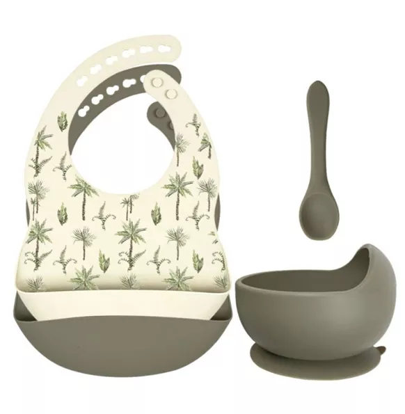 Lot de bavoirs en silicone + bol avec ventouse et cuillère - Jungle Plants Sage NaN Lot de bavoirs en silicone + bol avec ventouse et cuillère - Jungle Plants Sage