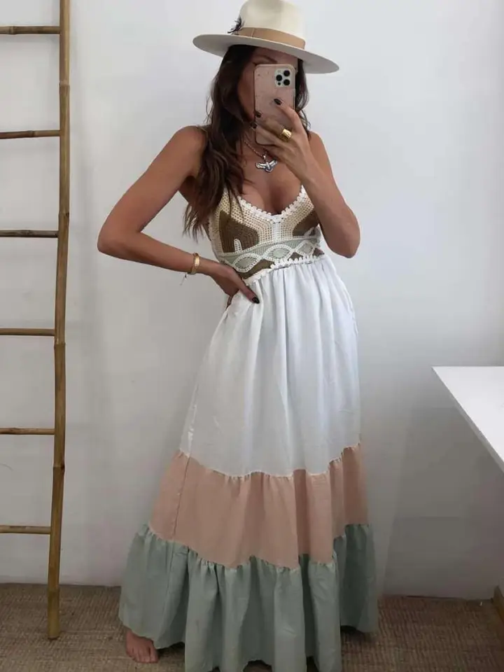 robe longue sans manche borderie
